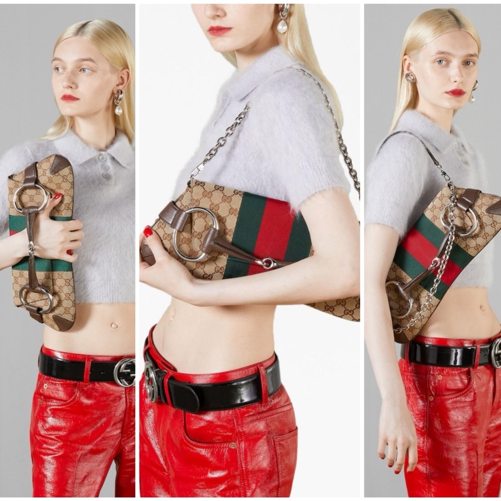 **SOLD** Gucci Web Horsebit Clutch GG Monogram Canvas Women's Shoulder Bag